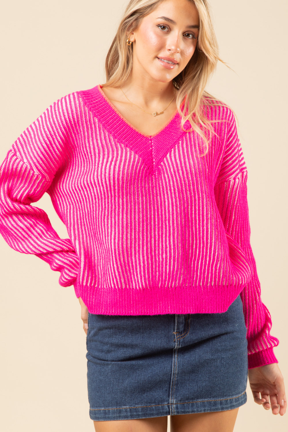 V-neck Two Tone Stripe Sweater