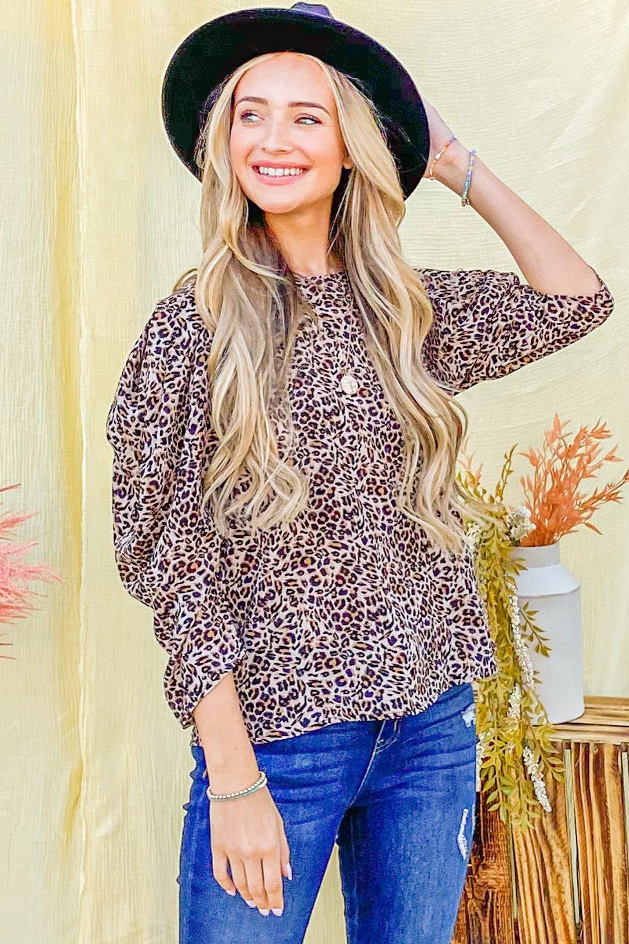 Leopard Shoulder Puff with Shirring Top
