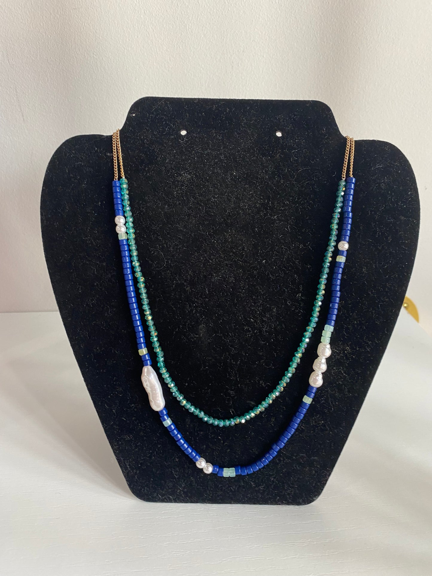 Blue bead & Pearl Dual Layer Necklace