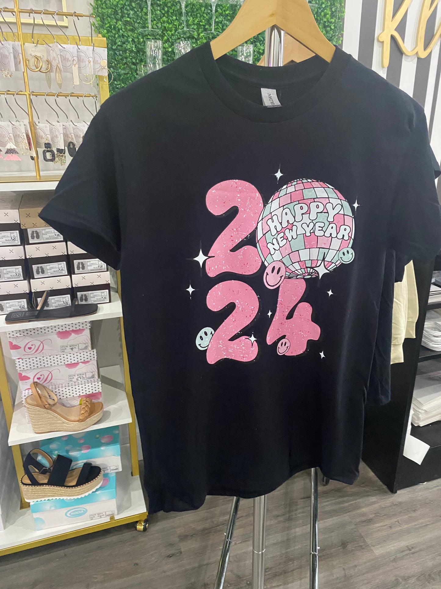 FINAL SALE New Year’s 2024 black Disco Ball smiley shirt