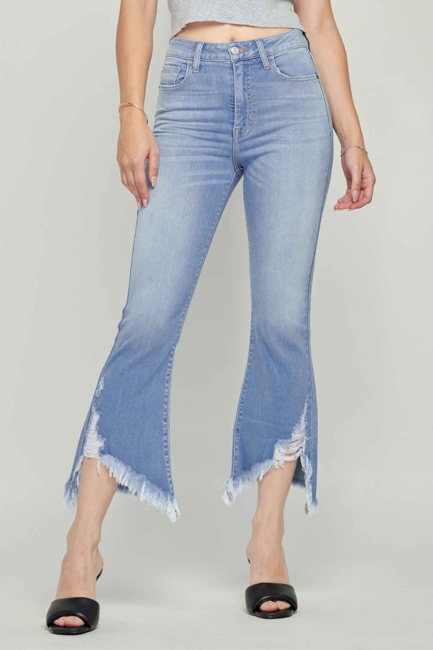 CELLO HIGH RISE CROP FLARE WITH UNEVEN FRAYED HEM