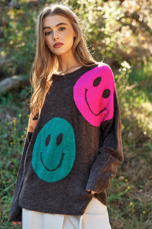 SMILE PRINTED LONG SLEEVE LOOSE FIT KNIT SWEATER