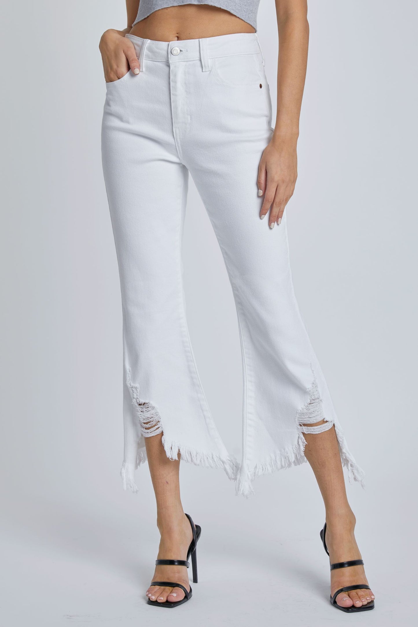 CELLO HIGH RISE CROP FLARE WITH UNEVEN FRAYED HEM