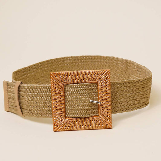Wide Woven Straw Belt with Square Buckle