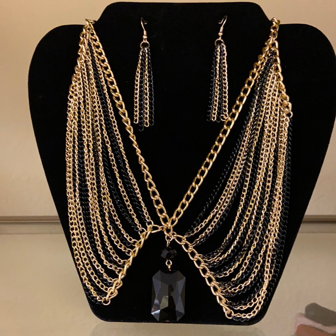 Gold/black earring necklace set