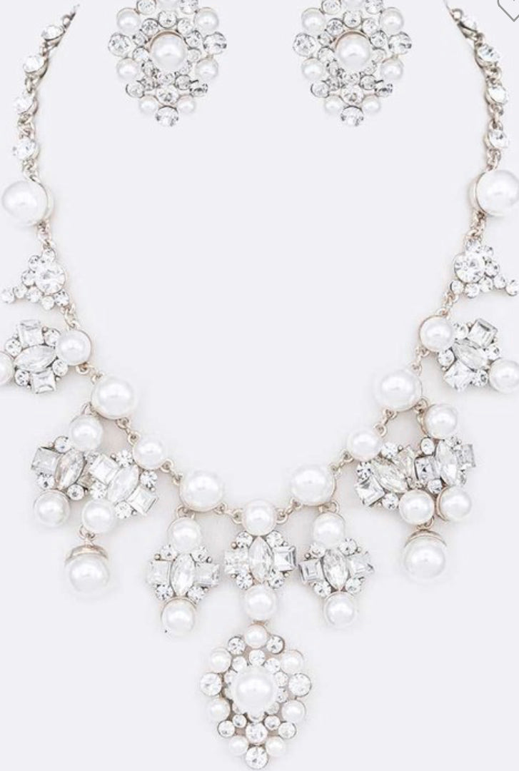 Crystal Pearl Statement Necklace Set